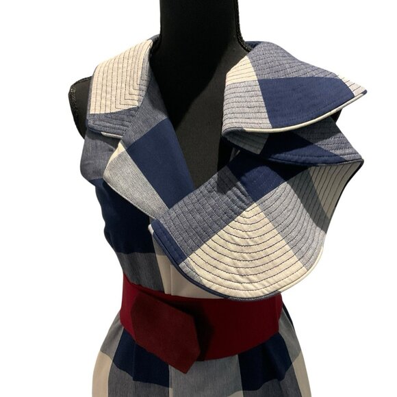 JOHANNA ORTIZ Zona Franca S.A.S. Blue/white Plaid Vest/dress Red Bow 4 W/pockets - Picture 6 of 15